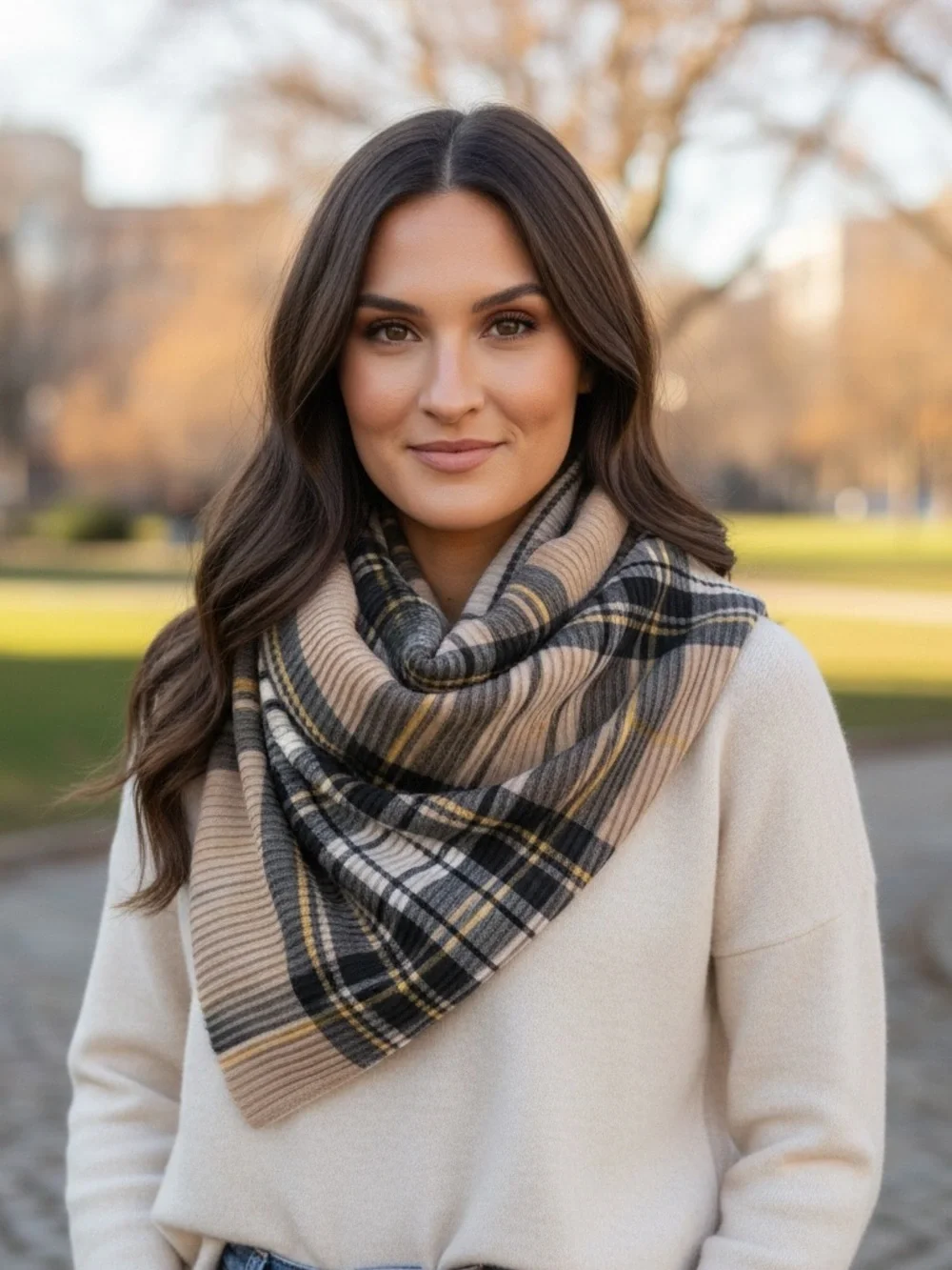 Marcus Adler Plaid Wrap Scarf in Beige and Black - Women's Accessory